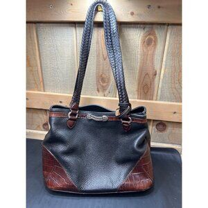 Brighton Black Leather & Brown Faux Croc Shoulder Bag With Braided Straps & Silv